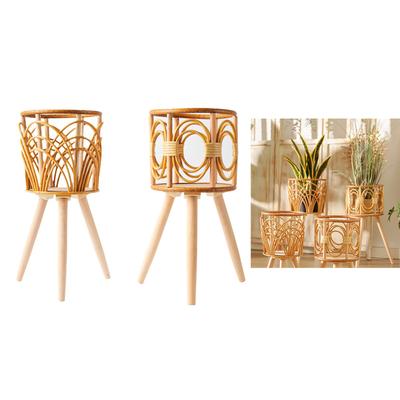 Rattan Indoor Pflanzenständer Strohgewebt Blumen Topfhalter Hocker mit Beinen Boden Pflanzgefäß Körbe Gestell Holz Pflanzenregal