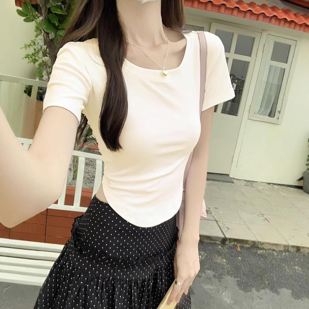 Summer Design Is Pure and Sweet Hot Girl Sexy U-neck Short-sleeved T-shirt Women's Irregular Short Top