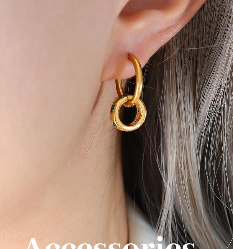 Gold Plated Titanium Steel Earrings with Green Zirconia Ring Pendants