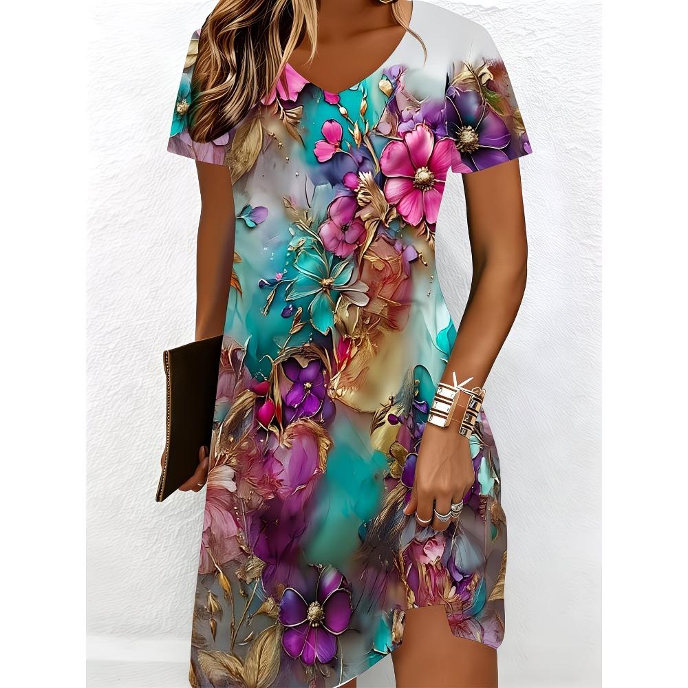 Summer Women's V-neck Short-sleeved Dress Elegant Floral Print Loose Casual Dress