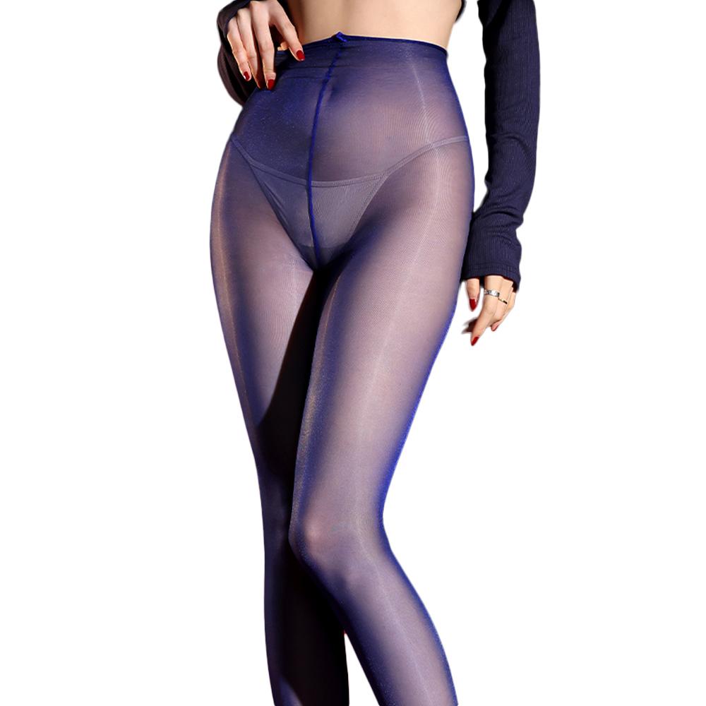 Sexy Women Open Crotch Oil Glossy Shiny Sockings Thin High Waist Shaping Pantyhose Sheer See Through Maid Tights Stockings