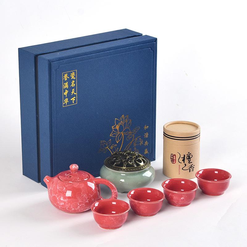 Guochao Ceramic Tea Set, One Pot, Two Cups and Four Cups Travel Gift Box Set.