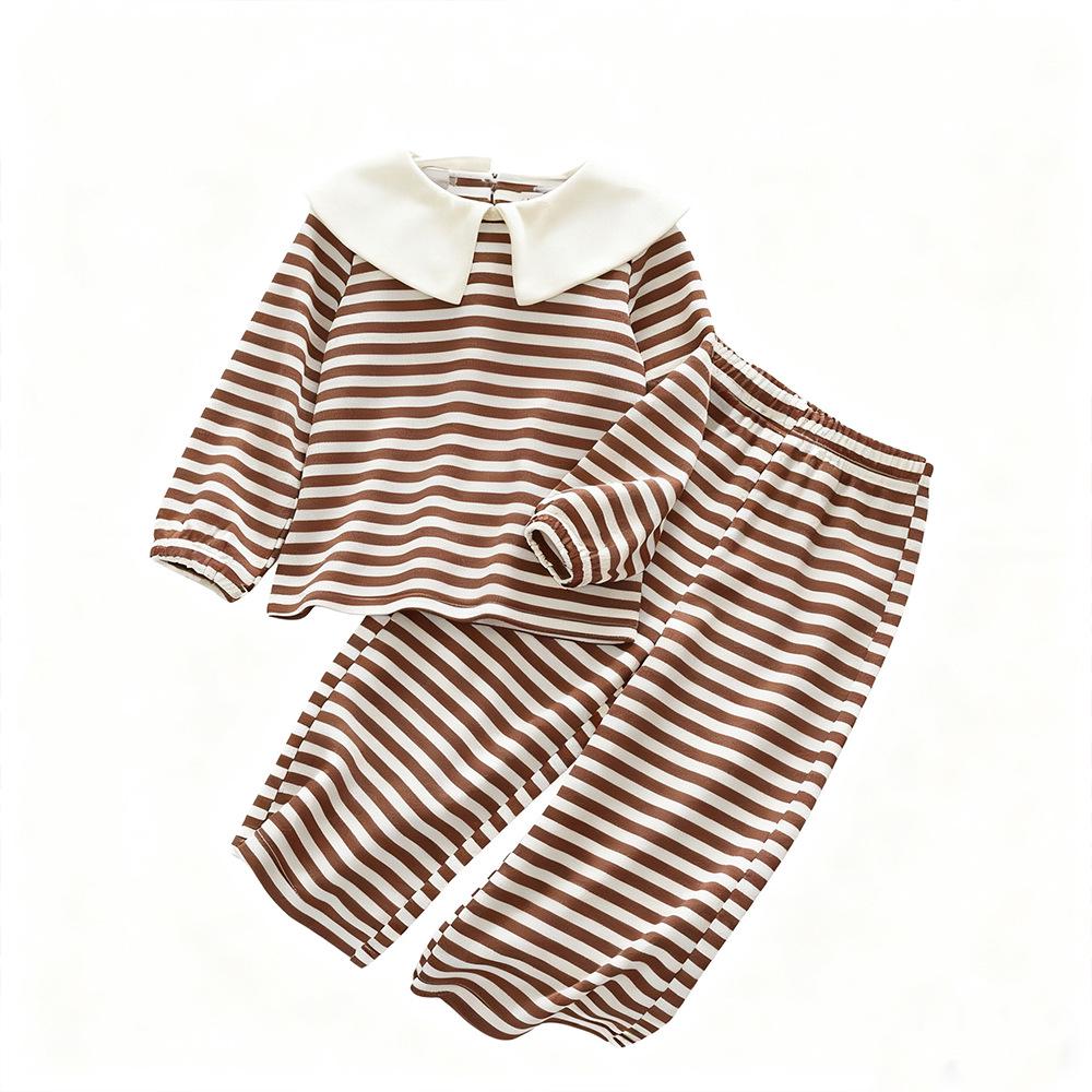 Korean Style Striped Suit: Girls' Big Lapel Doll Top & Long Pants Two-Piece Set for Spring and Autumn