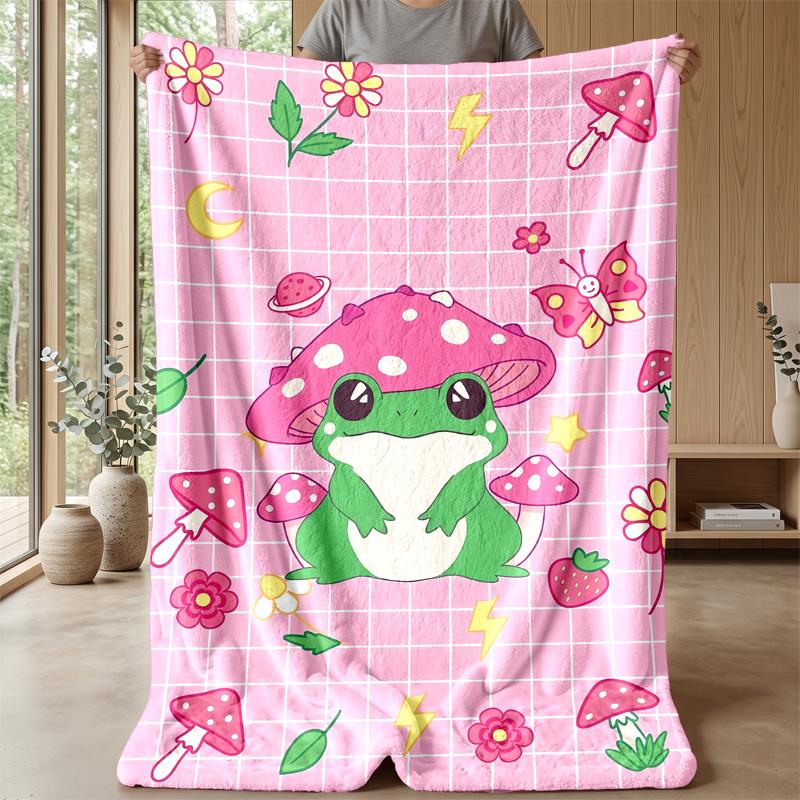 Cute Frog with Mushrooms blanket Personalized Name Flannel Blanket Soft Cozy Plush Throw for Sofa Bed Lightweight Home Decor