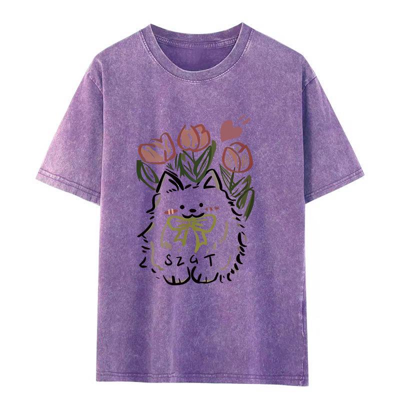 Women's Retro Distressed Washed T-shirt - American Trendy Brand, Summer 2026 Edition, Short Sleeve, Pure Cotton, Loose Fit.