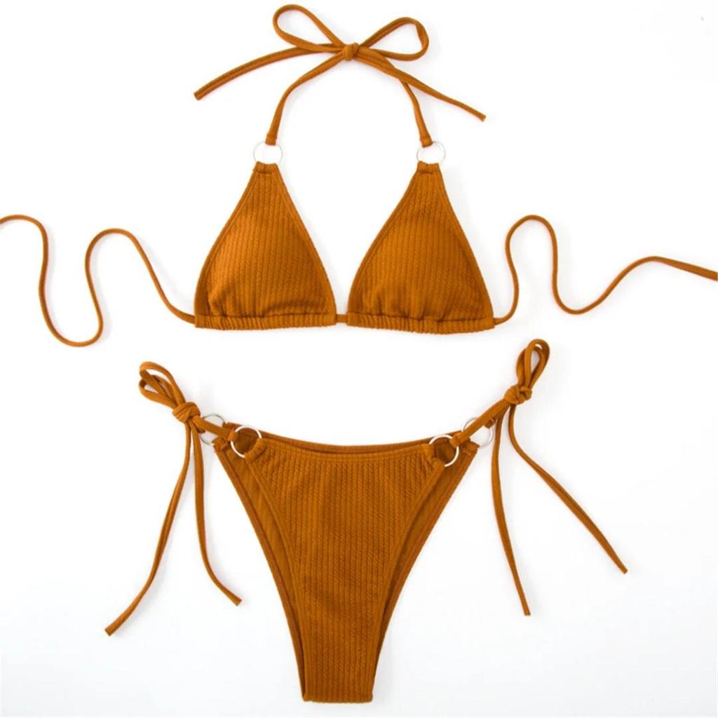 8 Colors Sexy Halter Strappy Ribbed Bikini Women Swimwear Female Swimsuit Two-pieces Bikini set Bather Bathing Suit Swim