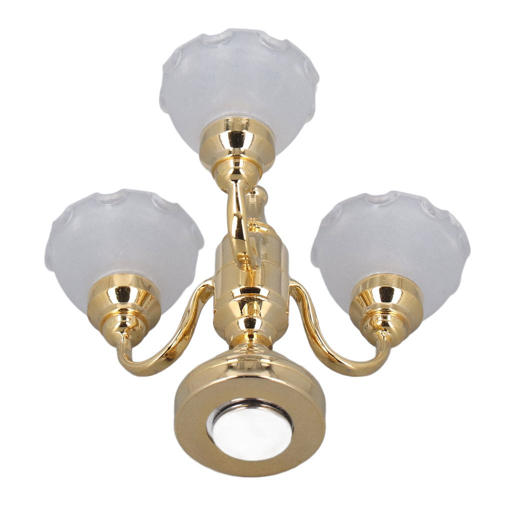 Dollhouse Ceiling Light 3 Heads Battery Powered Metal Glass Dollhouse Miniature Chandelier for 1:12