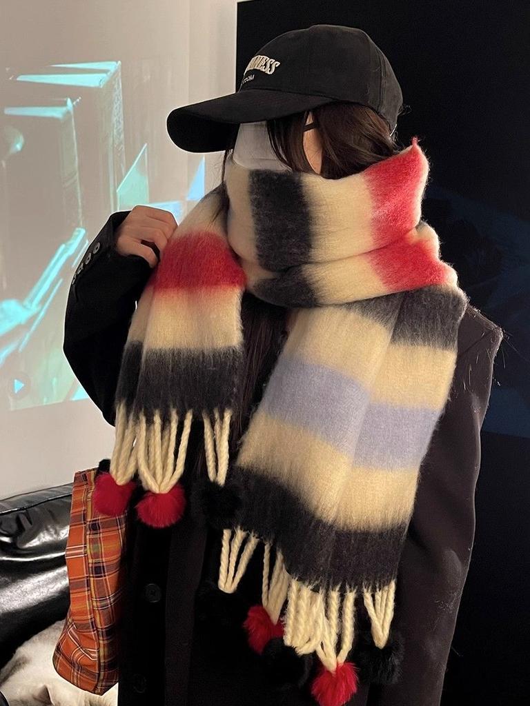 Vinter Dopamin Regnbågsrandig Tjock Varm Borstad Frans Pälsboll Scarf