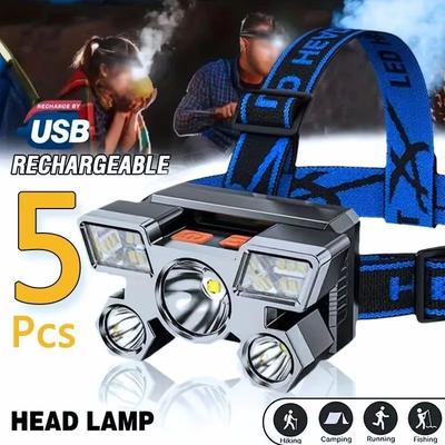 5 LED Headlamp Ultra Bright Headlight 4 Modes USB Rechargeable Waterproof for Outdoor Camping Hiking Fishing Cycling Running