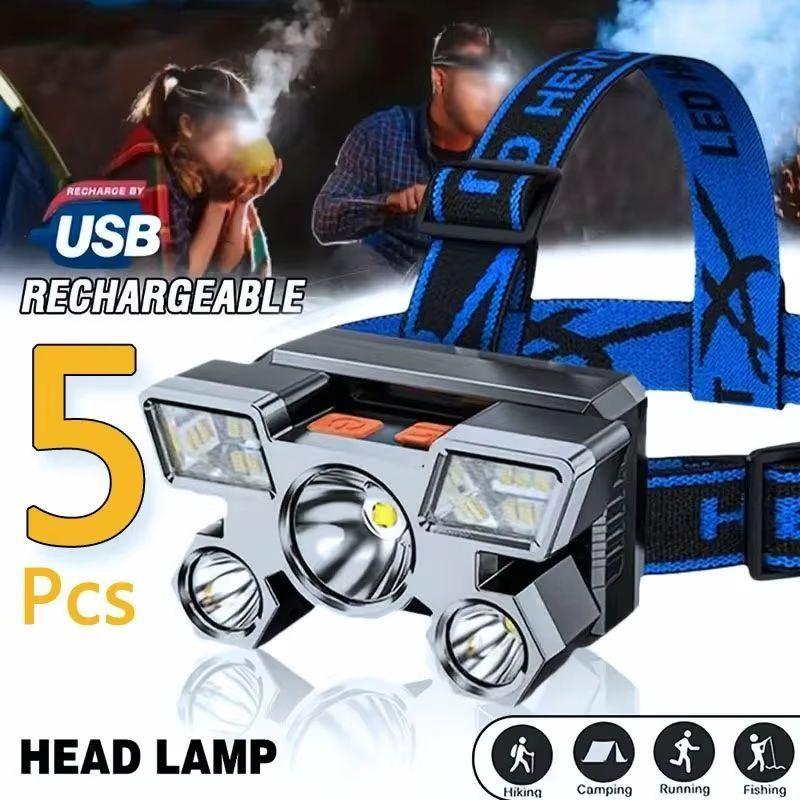 5 LED Headlamp Ultra Bright Headlight 4 Modes USB Rechargeable Waterproof for Outdoor Camping Hiking Fishing Cycling Running