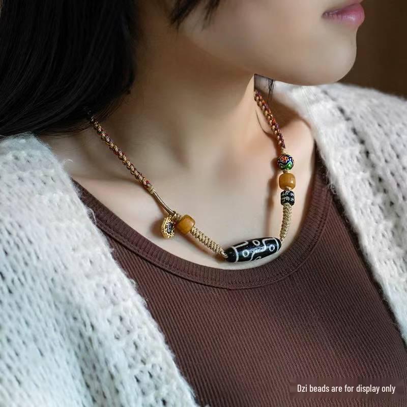 Tibetan Cross Dzi Thangka Gold Pendant Necklace Rope