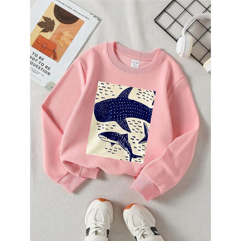 Crewneck Sweatshirt for Girls Featuring a Shark Fish Design, Suitable for Machine Washing. Ideal for Spring And Autumn