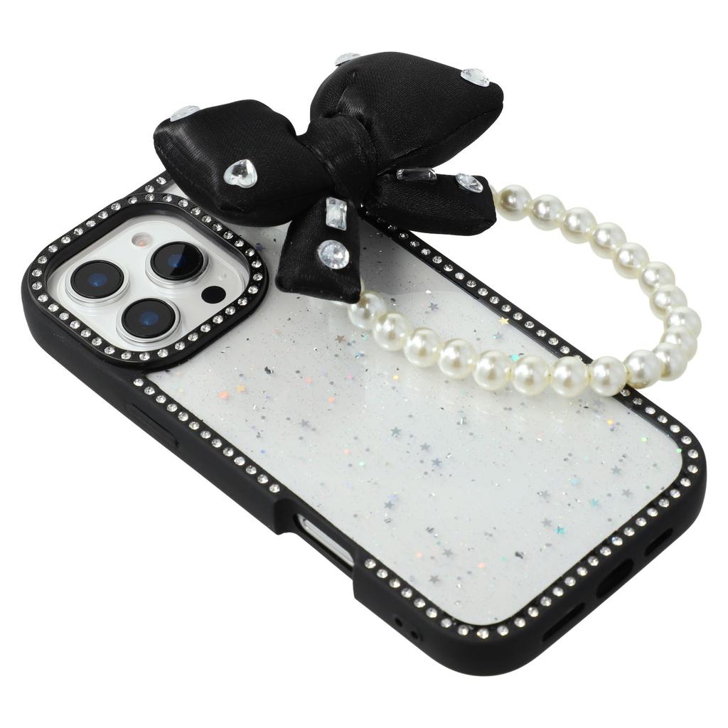 For iPhone 16 Pro Max Case Glitter Epoxy Design TPU+PC Phone Back Cover with Bow Strap,Rhinestone Decor
