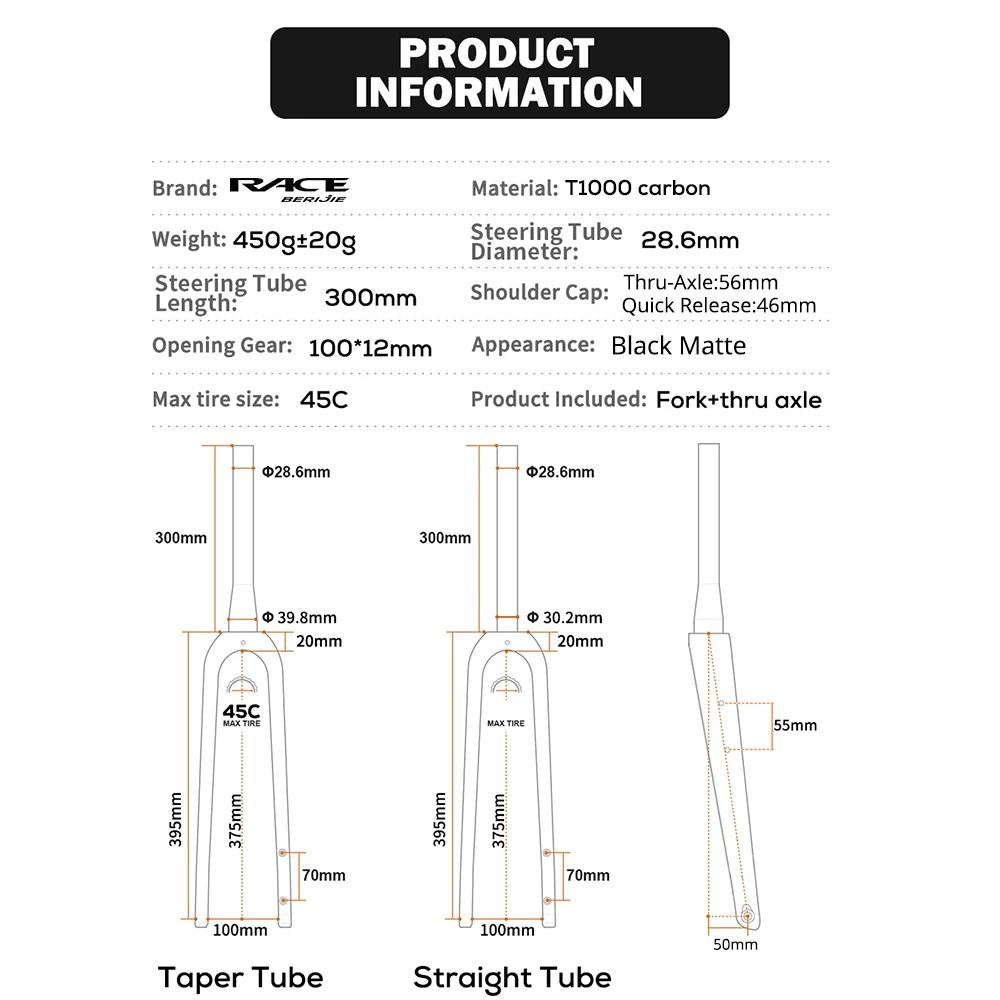 New RACE Carbon Fiber Gravel Front Fork,Half Internal Cable,Straight/Tapered Tube,Max Tire 700C x 45C,Thru Axle 12x100mm Or QR