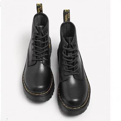 2025 Autumn and Winter Thick-soled Six-hole Open-edge Bead Martin Boots, Black Boots, Heightening Women's Street Cowhide Boots, Medium Tube