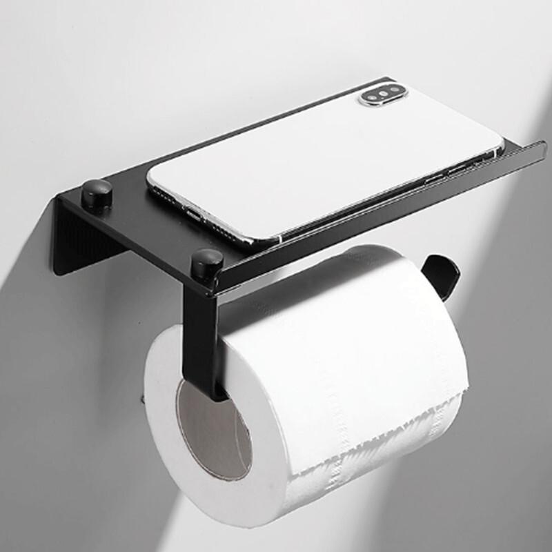 Homeglen Black Stainless Steel Toilet Paper Holder with Phone Shelf