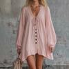 2026 Retro Lace V-neck Dress Cotton and Linen Loose Long-sleeved Ruffle Edge Short Mini-skirt