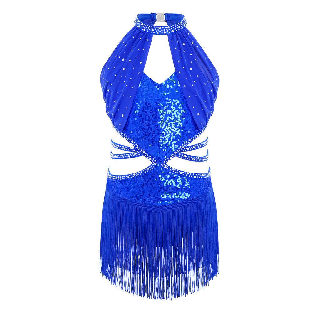 Dziewczęca Sukienka do Tańca Latynoamerykańskiego Bez Rękawów Marszczona Siateczkowa Góra Wycięcie w Talii Paski Błyszczące Frędzle Cyrkonie Płatki Sequins Body