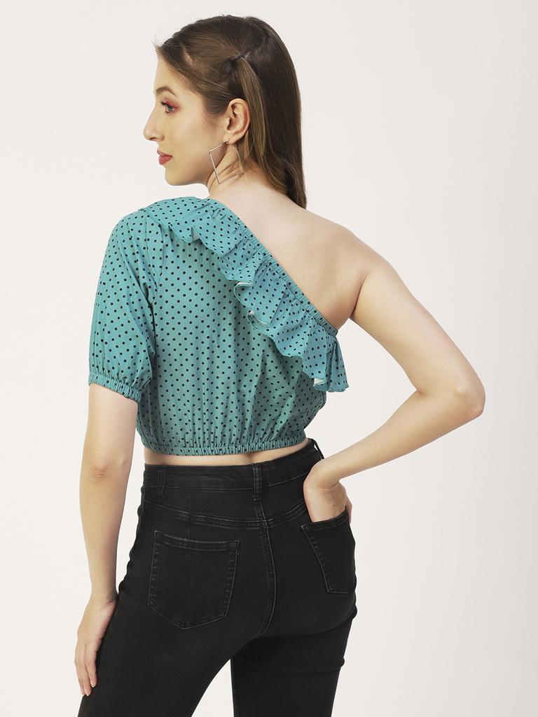 Moomaya Women  S Printed Crop Top, One Shoulder Cotton Casual Summer Top