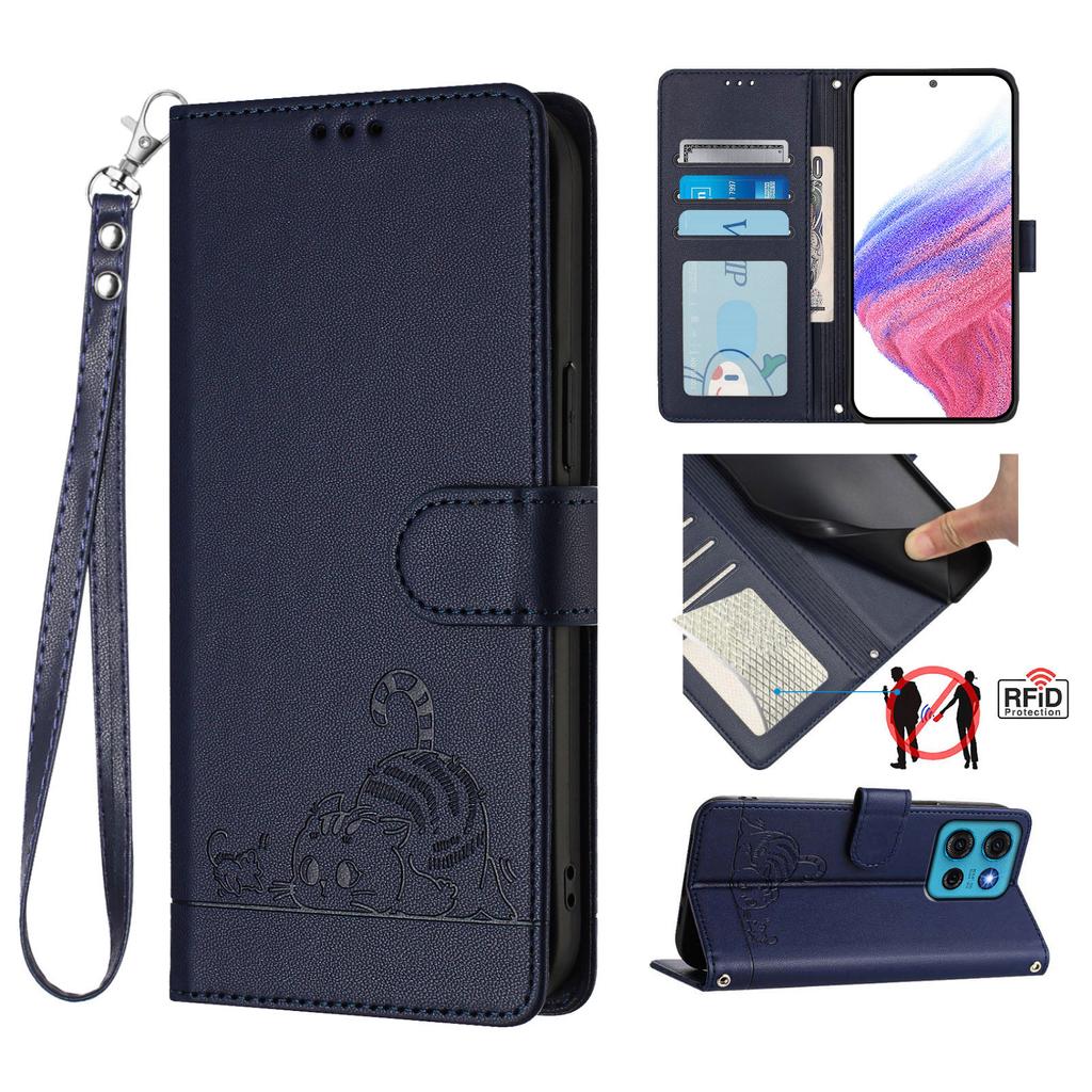 For Motorola Moto G75 5G Case with Strap RFID Blocking Leather Wallet Phone Cover Cat Mouse Pattern