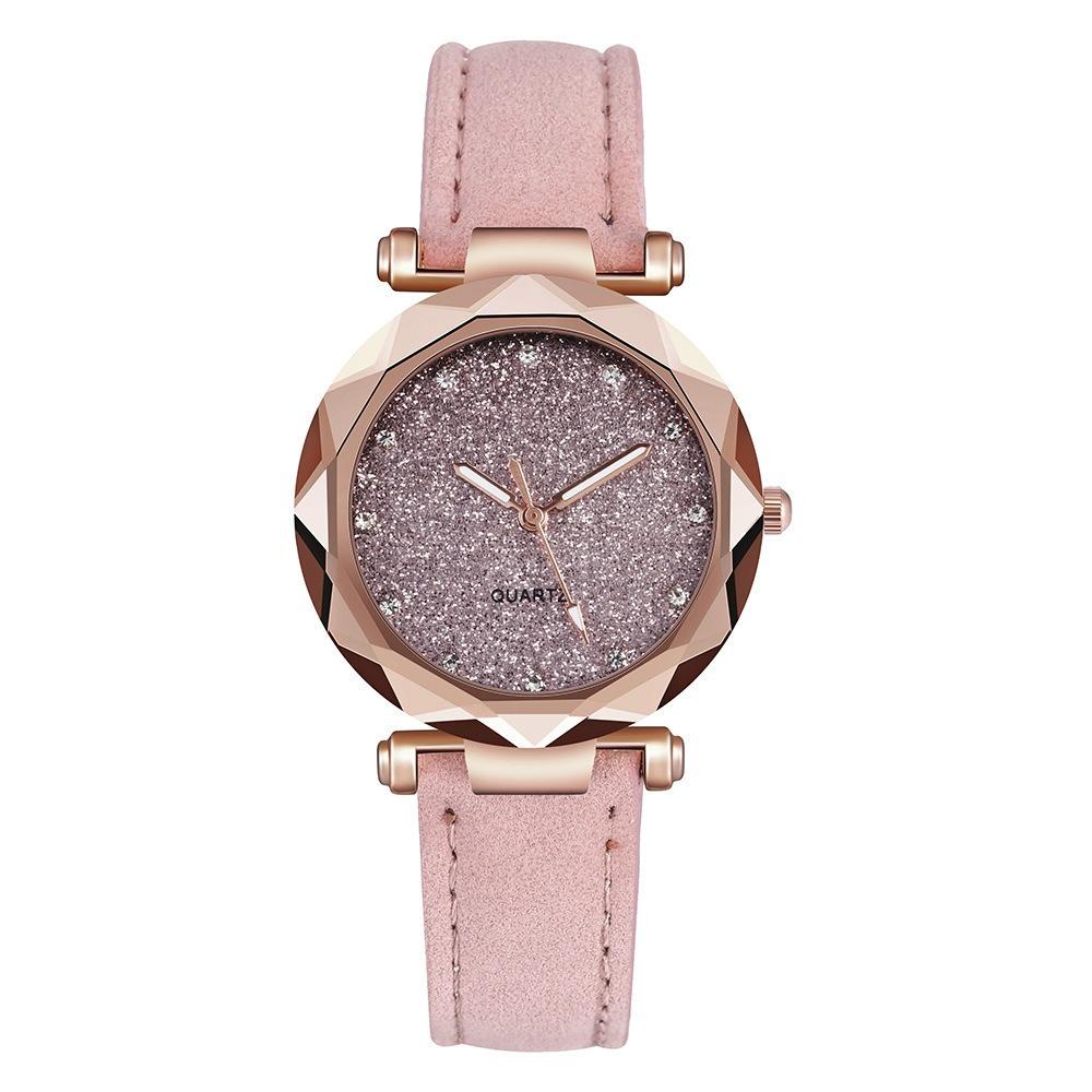 Watch Silver Pink Rhinestone Face Women's Watch Frosted Leather Strap Women's Casual Trend Two-piece Set Watch