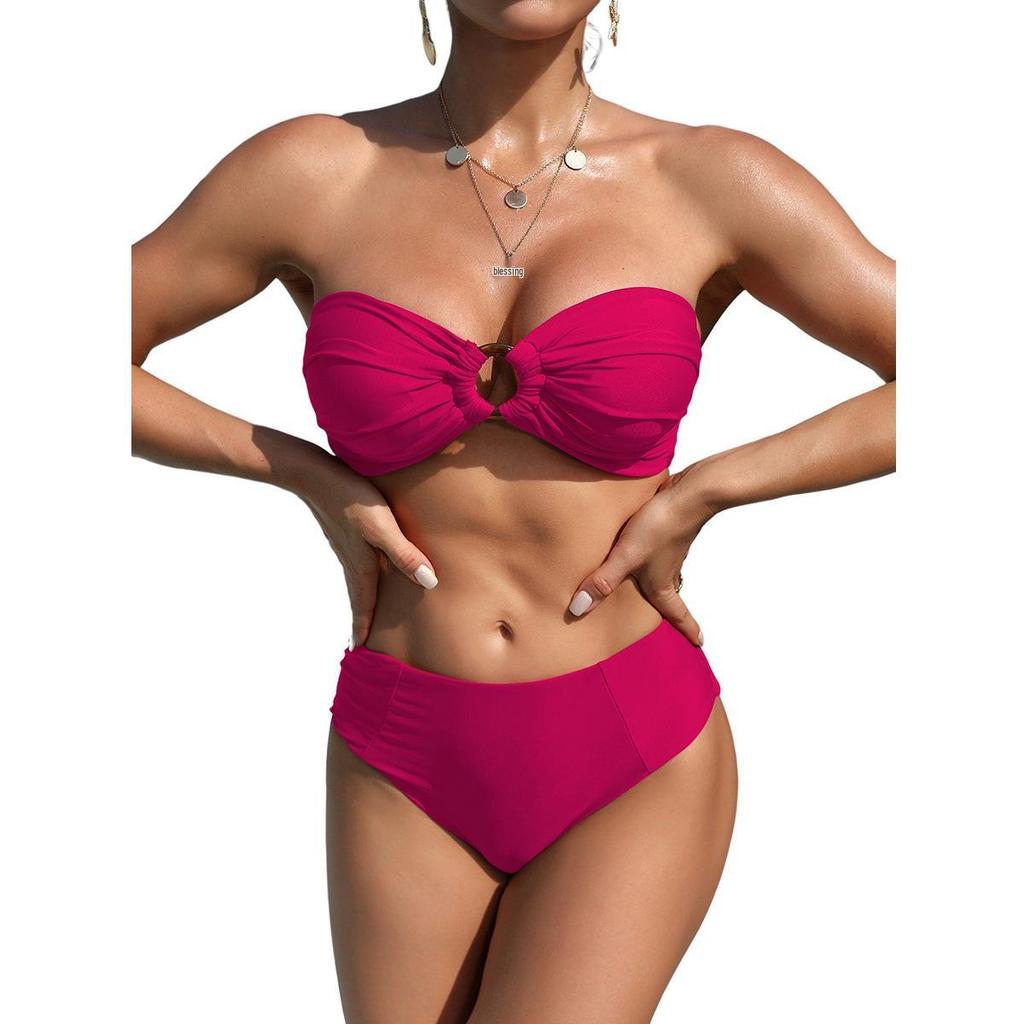 New Solid Color Bandeau Drawstring Bikini - Women's Tight-Fitting Split Swimsuit