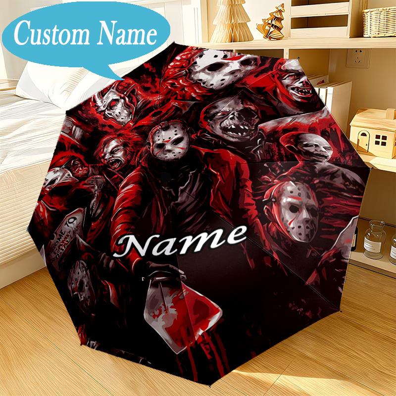 Custom Name Horror Characters Umbrella Folding Umbrella, Automatic Umbrella 8-Frame for Travel, Casual Lightweight Birthday Christmas gift