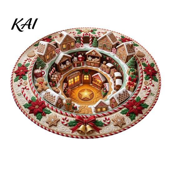 Kerstfeest Woondecoratie Ronde Kerst 3D Vloerkleed, Optische Illusie Vloerkleed Kerstman Kabouter Gewatteerd-achtig Comfortabel Blote Voeten Vloermat Antislip
