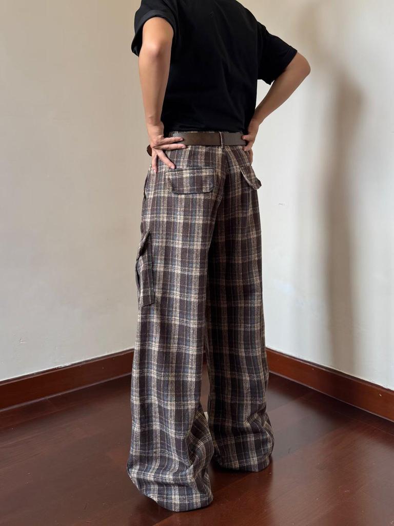 Trendy Japanese Plaid Curved-Leg Workwear Pants