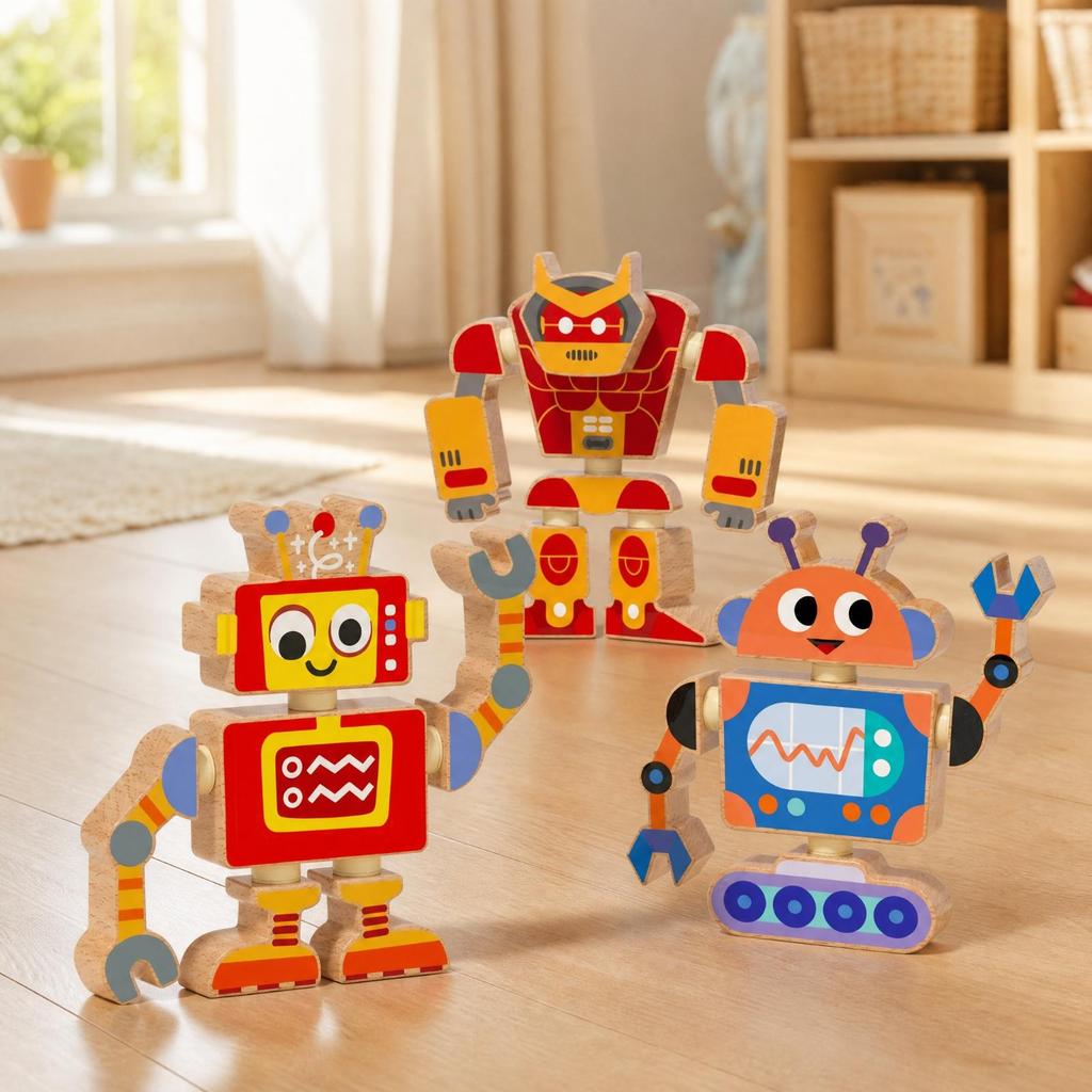 3 Pieces 3D Robot Construction Toy Articulated Wooden Building Kit