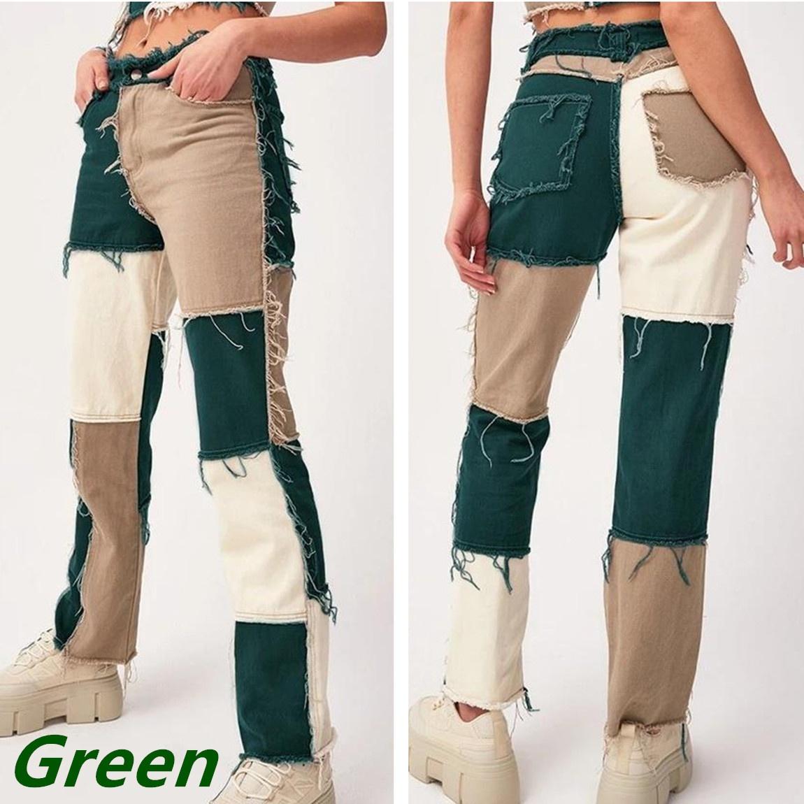 

Модные женские уличные лоскутные джинсы с высокой талией, прямые тонкие женские джинсовые брюки, узкие брюки M зелёный