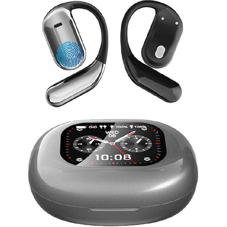 Intelligent Touch Screen Open Ear Earbuds Bluetooth 5.4 Headphones Over The Ear Earbuds 50H Playtime LED Display Charging Case Sport Over Earphones