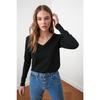 Black 100% Cotton Regular/normal Fit Basic V-neck Long Sleeve Knitted T-shirt Twoaw21ts0099
