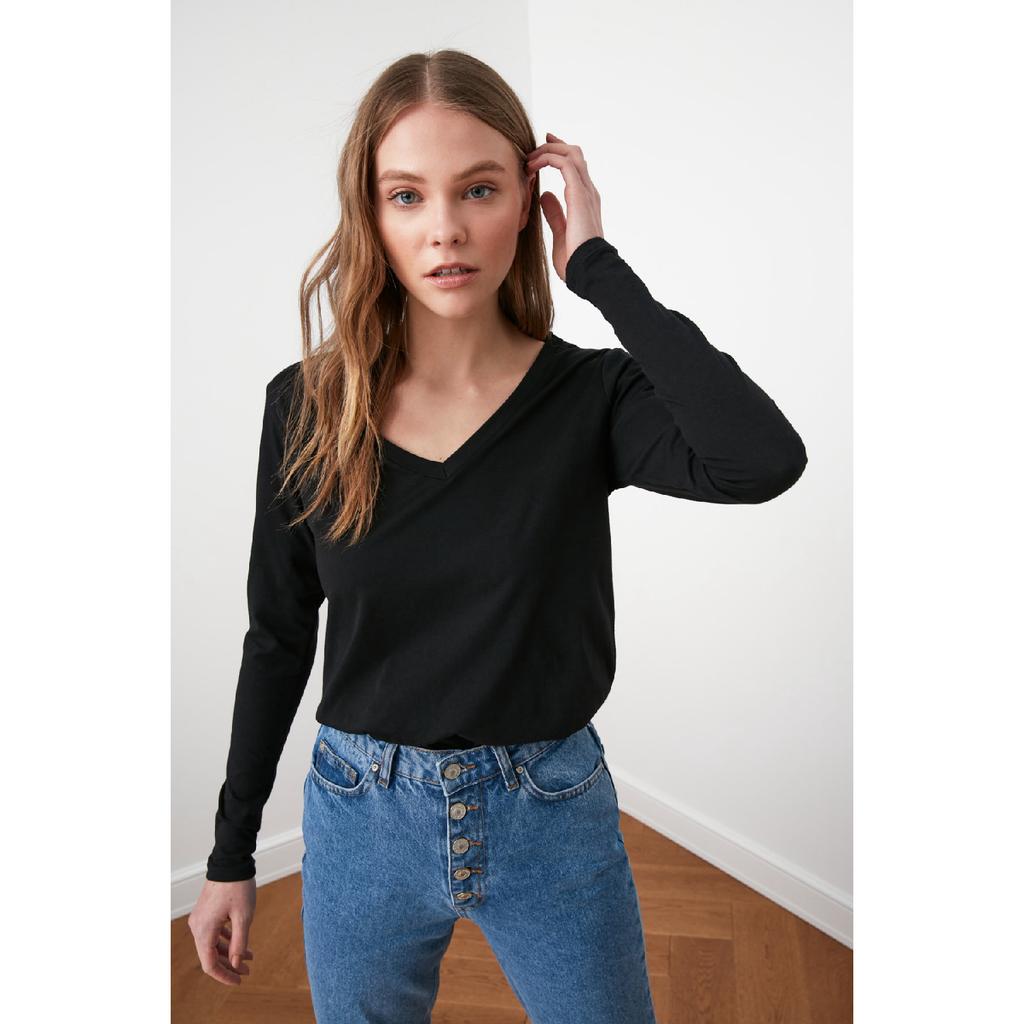 Black 100% Cotton Regular/normal Fit Basic V-neck Long Sleeve Knitted T-shirt Twoaw21ts0099