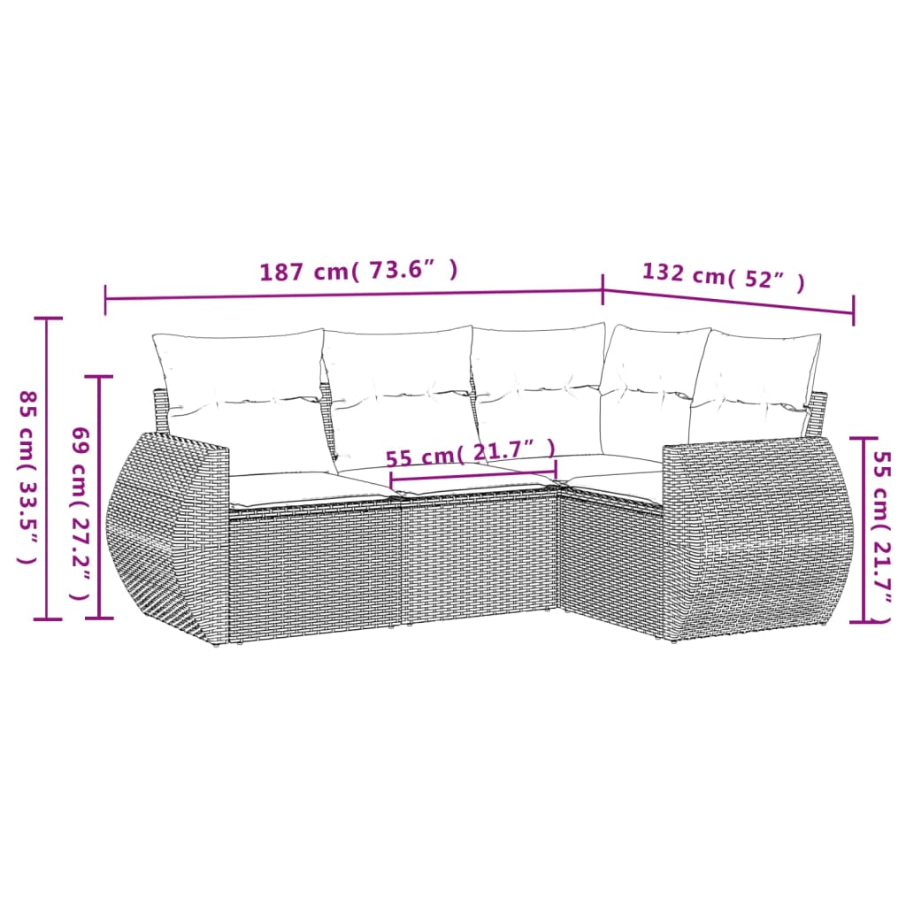 Vidaxl 4-Seater Garden Lounge Set, Cushions, Brown Rattan Pe