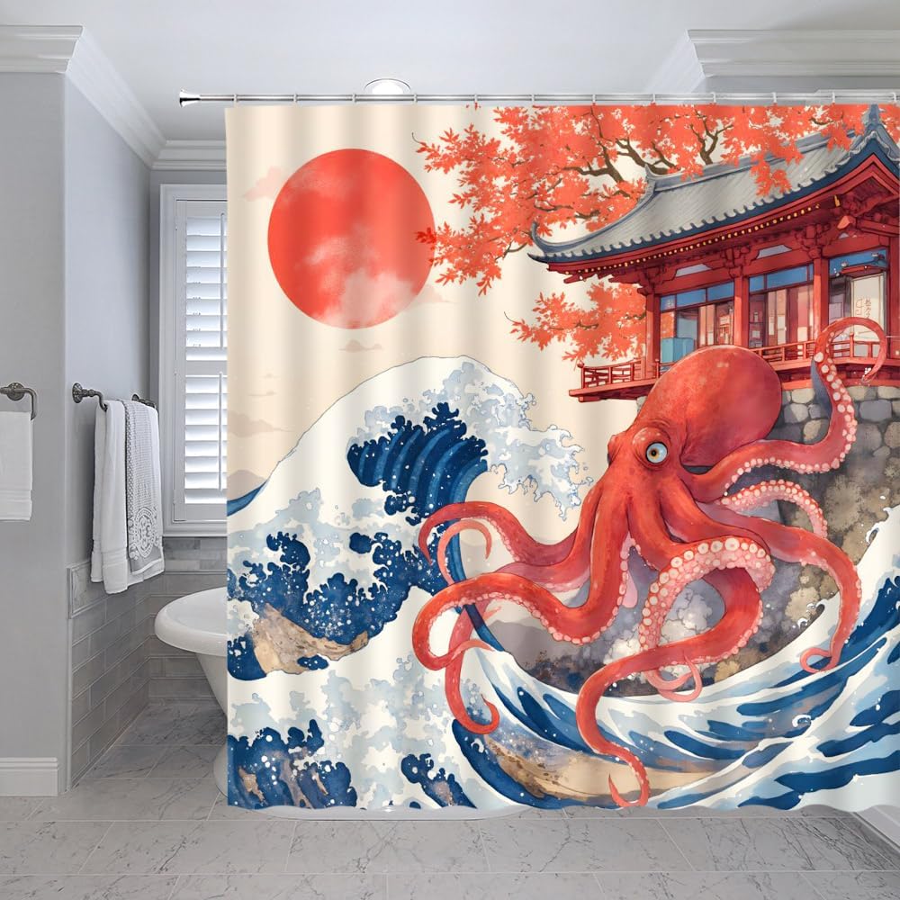 Japanese Asian Octopus Shower Curtain Funny Great Wave Sea Chinese Traditional Oriental Red Sun Ukiyo-e Kanagawa Vintage Japan