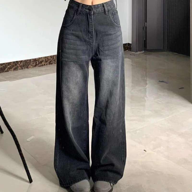 

145 Women s High Waist Straight Leg Jeans - Small, Washed Retro, Versatile, Loose Fit, Slimming Long Pants Extra Large чорний/сірий