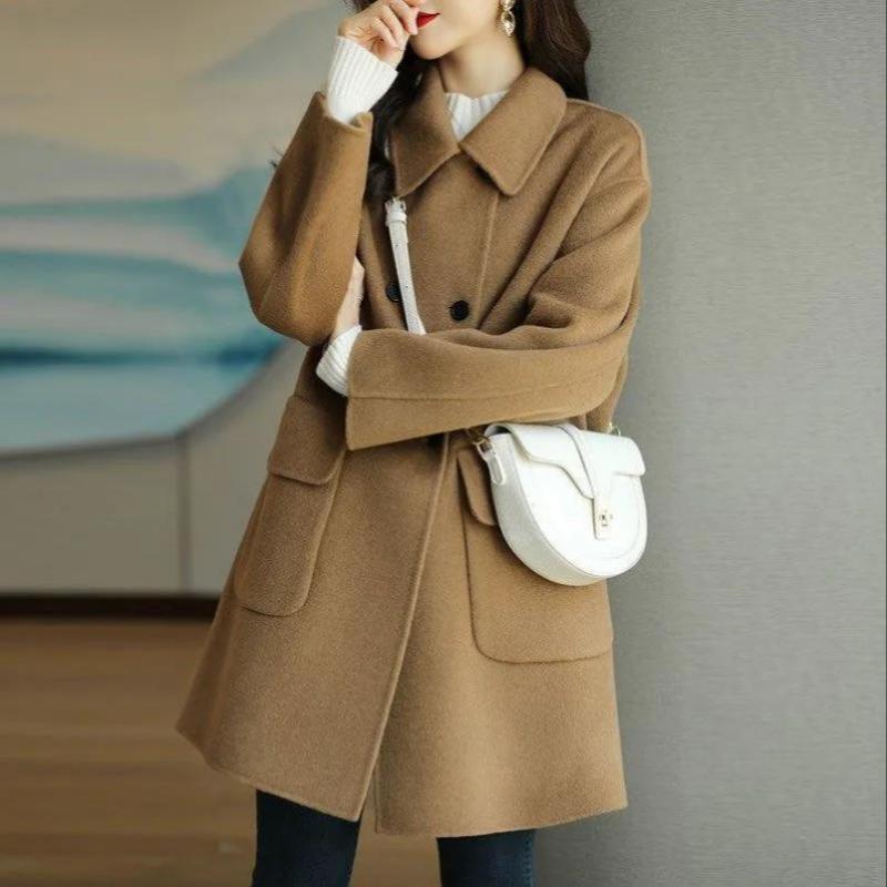 Women's Woolen Coat Autumn and Winter New Coffee Color Thick Korean Style Slim Fit Medium and Long Woolen Coat