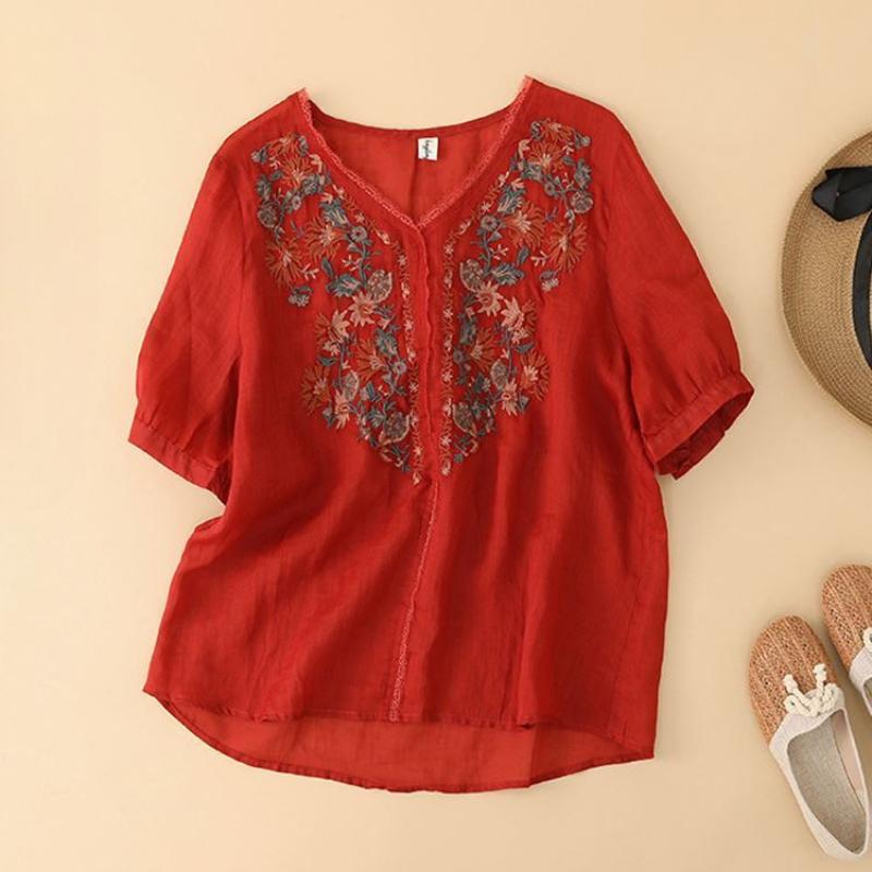 

Летняя женская модная вышитая футболка-пуловер из хлопка и льна с V-образным вырезом S красный
