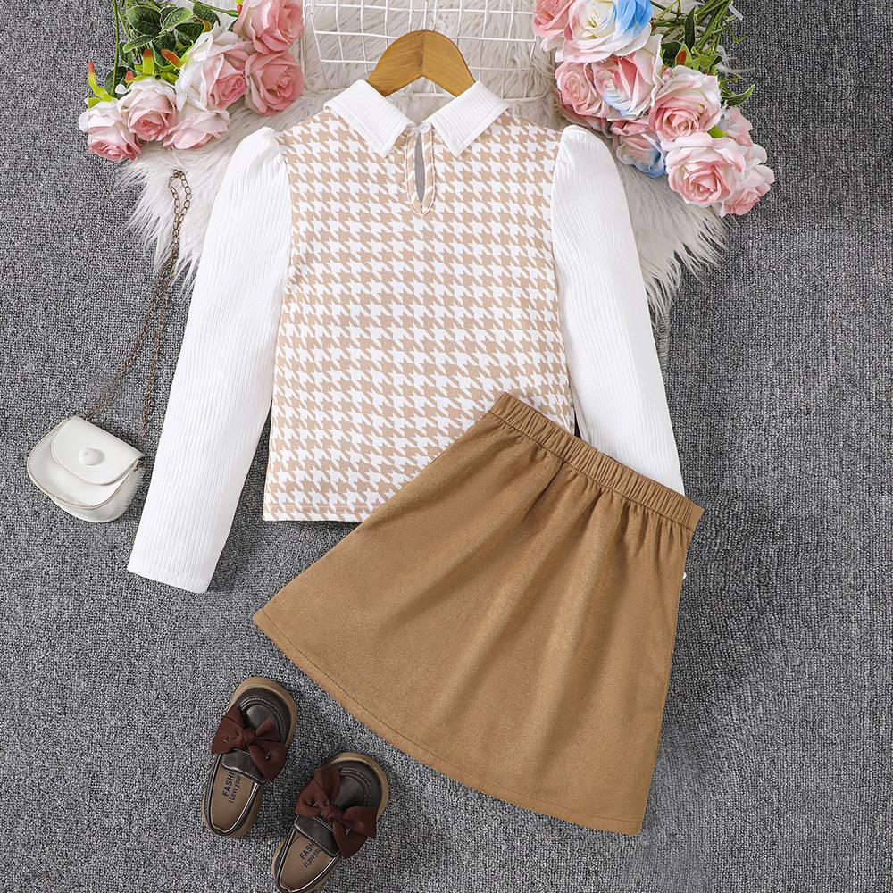 Girls' Spring/Autumn Print Long Sleeve Shirt + Skirts 2-Piece Outfit Teen Fashion Chic Collared Blouse Short Skirt Combo