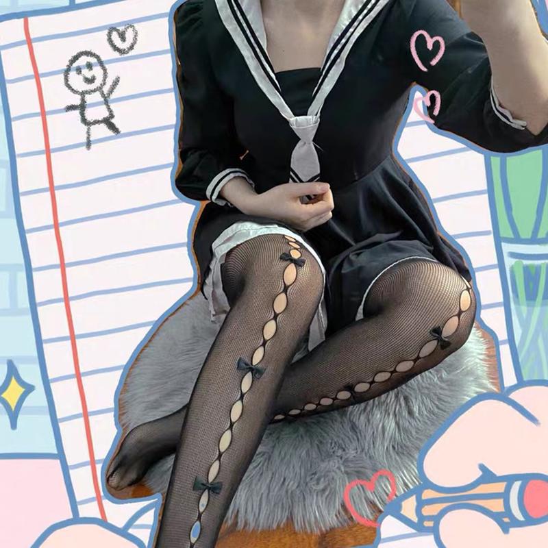 Lolita Hollow Lace Pantyhose Summer Kawaii Bowknot Girls Stockings Breathable Fishnet Nylon Women Pantyhose