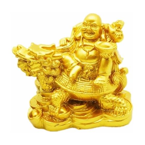Hotei-sama Ornament Gold Seven Lucky Gods Hotei-san Maitreya Bodhisattva Buddha Statue Object Hotei Sitting on a Dragon Tortoise Increases Financial
