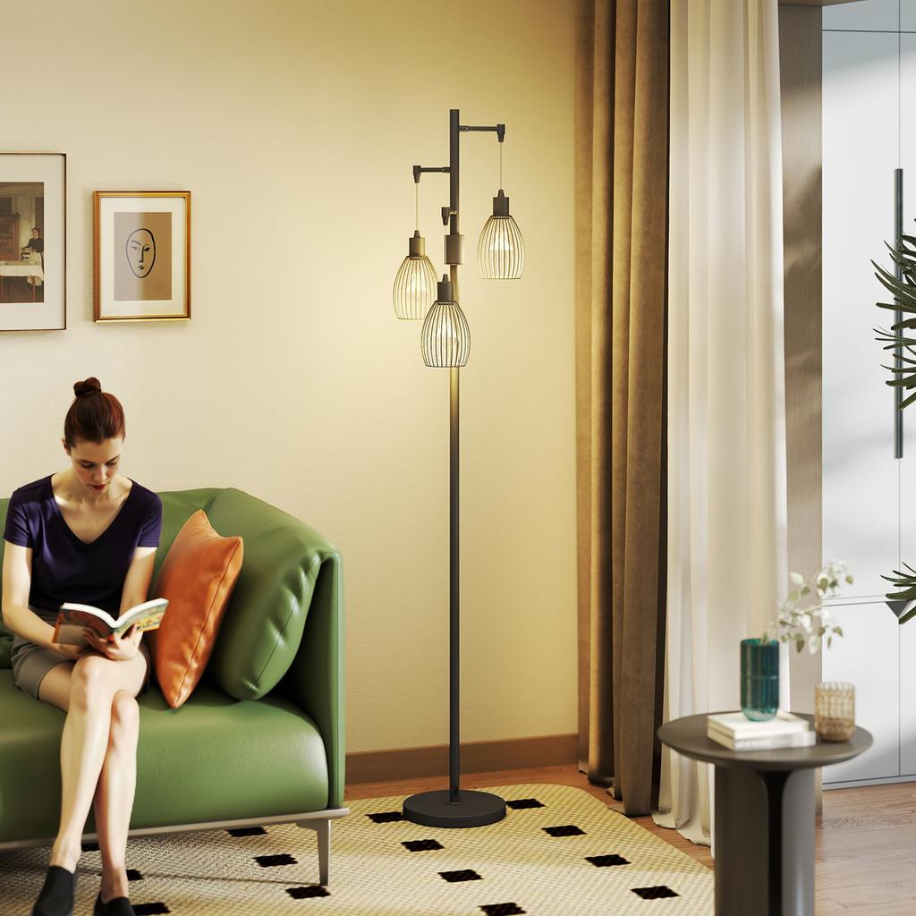 3-Light LED Floor Lamp, 170cm Industrial Dimmable Standing Lamp with Steel Wire Cage Lampshades, 2700K for Living Room, Bedroom, Dining Room, Study