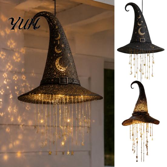 Glowing Star String Lights Light Up Witch Hat Hanging Lamp, Halloween Ornament with Twinkling Seasonal Home Party Supplies Stars Moon, Indoor Outdoor
