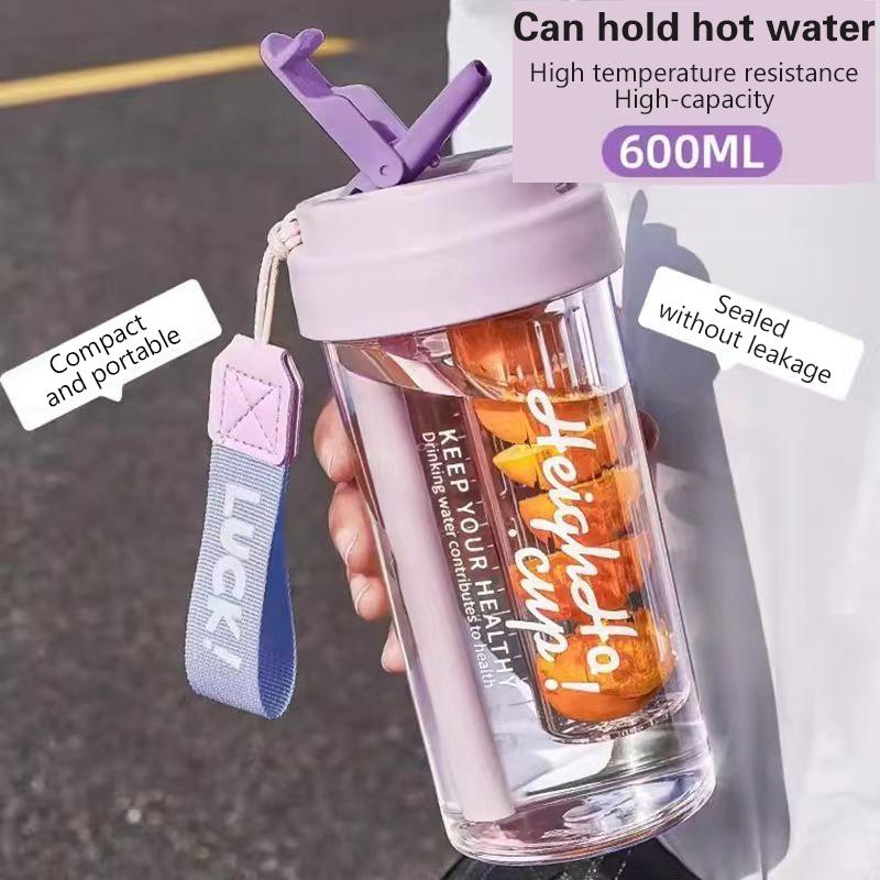 600Ml Water Cup Handy Cup Sports Water Bottle Food Grade Material Tea Partition Water Cup Female Straw Cup Summer Portable
