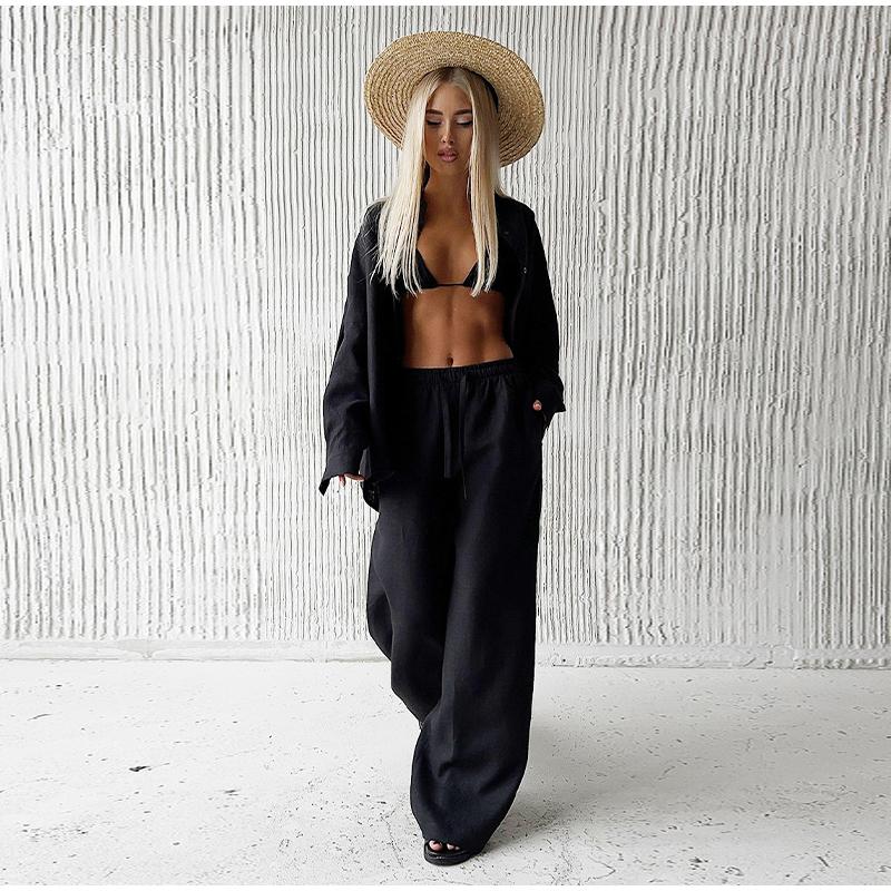 Women Casual Solid Color Cotton Linen Shirt Pants Suits Fashion Single Breasted Blouses Elastic Waist Pants Set Spring Loose Outfits