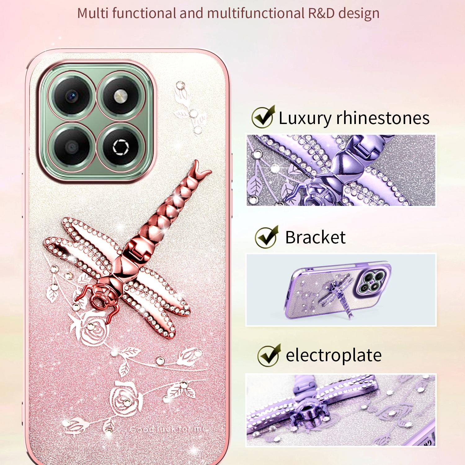 

KADEM For Honor X6b 4G Case Dragonfly Kickstand TPU Flowers Glitter Phone Cover Blue