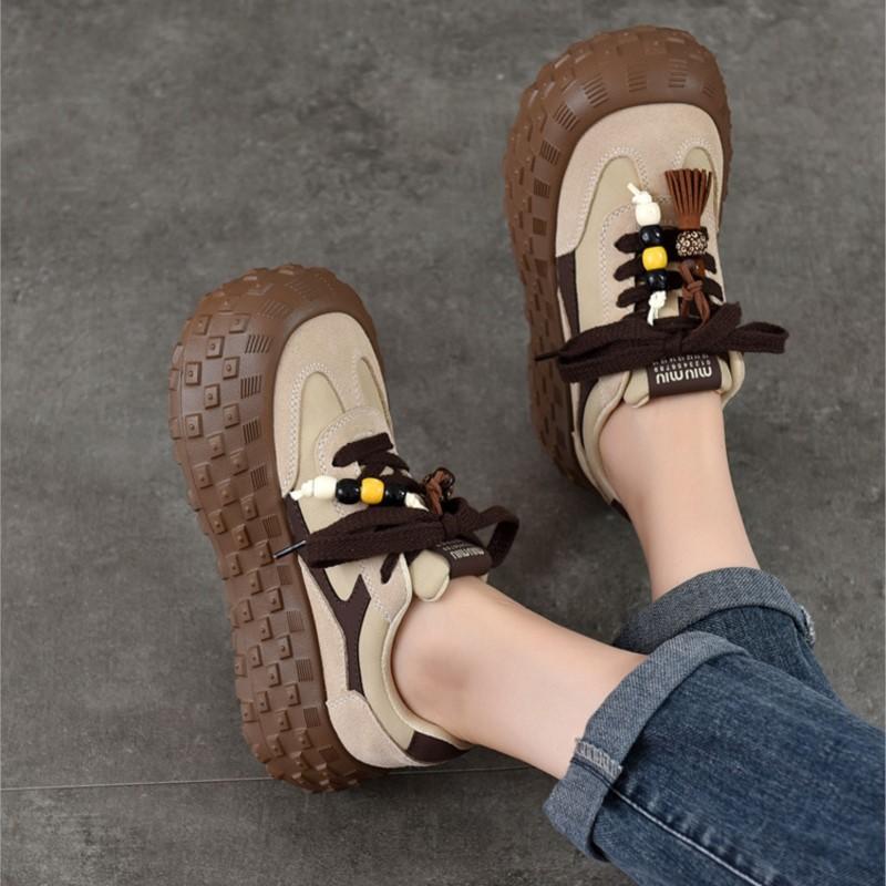 Johnature Genuine Leather Casual Lace Up Shoes Lightweight Thick Soled Height Increasing Women's Platform Shoes