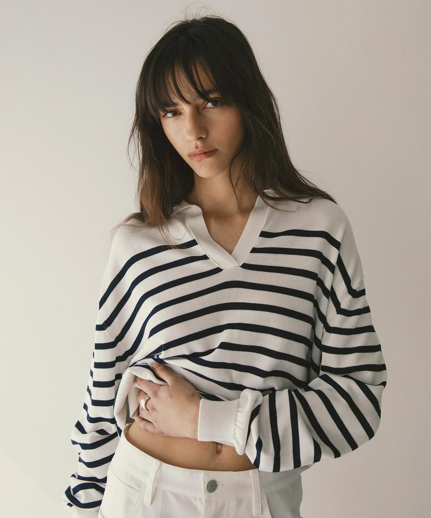 ANOTHER OFFICE WOMEN W. Sailor Silk Open-Collar Knit (White-Navy)