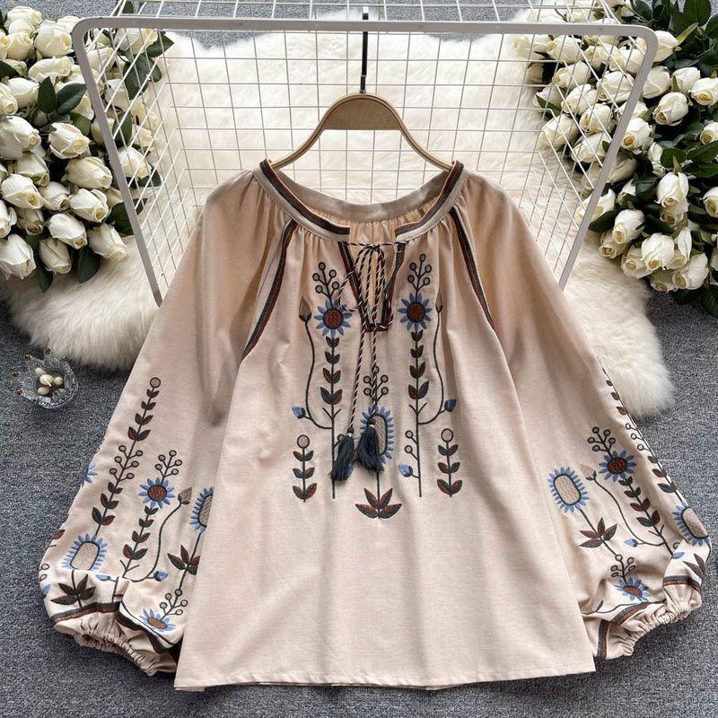 

Bohemia Long Sleeves Loose Casual Doll Shirt Embroider Apricot All yards